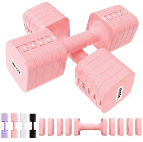 20KG Pesas y Mancuernas Ajustables 5 en 1, Par de 2 (Cada una Regulable a 2/4/6/8/10 kg), Pesas Ajustables para Mujeres y Hombres, Gym Dumbbell Set, Ideal para Entrenamiento Gimnasio en Casa - Rosa