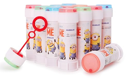Toyland® Pack de 12 Minion Botes de Burbujas con Varitas, Solución de 60ml y Tapa de Laberinto Novedosa - Juguetes para bolsitas de Fiesta y Dinero de Bolsillo