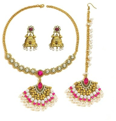 Set di gioielli da sposa per donne – collana indiana placcata oro antico, orecchini & Maang Tikka con strass e perle – Matrimonio Bollywood, festival, gioielli etnici, regalo, large, metallo, zirconi