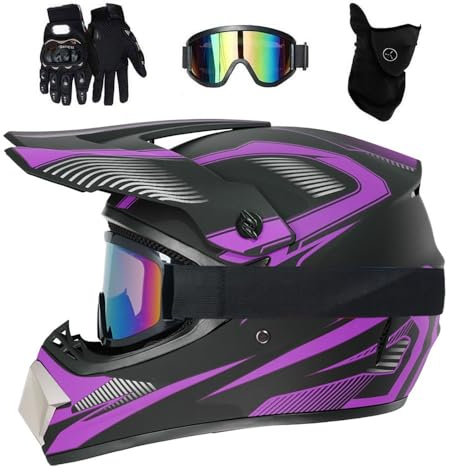 Gioventù Bambini Integrali Casco da Motocross, con Occhiali/maschere/guanti, Unisex Dual Sport Fuoristrada Enduro Moto Incidente Caschi, Discesa BMX MTB ATV Quad Dirt Bikes Casco(Purple,M/54-55CM)