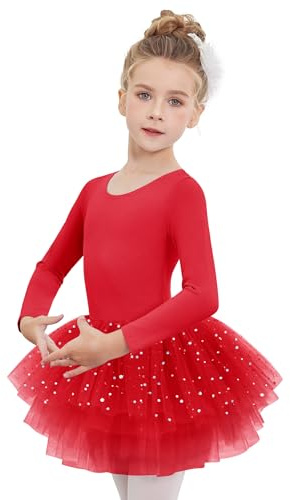 Arshiner Vestido de Tutú de Ballet para Niñas Malla de Manga Larga Traje de Baile de 4 Capas con Falda Brillante Traje de Ballet, Ropa de Baile para Edades de 5 a 6 años