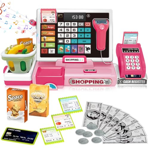 Mineup Caisse Enregistreuse pour Enfant, Jouet Caisse Enregistreuse avec Vraie Calculatrice pour Enfants- Jouet, Scanner, Carte De Crédit, Argent De Jeu, Cadeaux pour Garçons Et Filles Âgés De 3+Ans