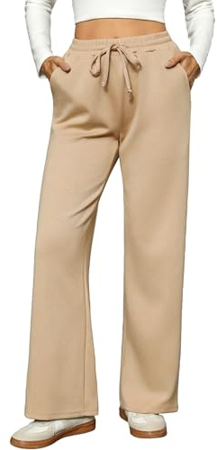 Totatuit Pantalón Fluido Mujer Invierno Ancho Recto con Cordón Ajustable y Bolsillos Jogging Cómodo Moda Casual Caqui，S