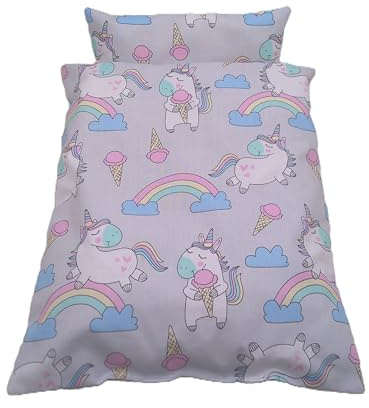 Puppenbettwäsche Einhorn aus Baumwolle, Verschiedene Modelle für kleine Puppenwagen, Puppenbett oder Moseskorb, Decke 27b x 33h, Kissen 23b x 16h cm (grau)