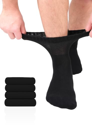 Hugh Ugoli Calcetines Tobilleros Hombre Diabéticos, 4 Pares, Calcetines de Bambú Súper Suaves y Finos, Holgados para Tobillos Hinchados, Cintura Sin Presión y Punta Sin Costura, Talla: 40-44/44-47