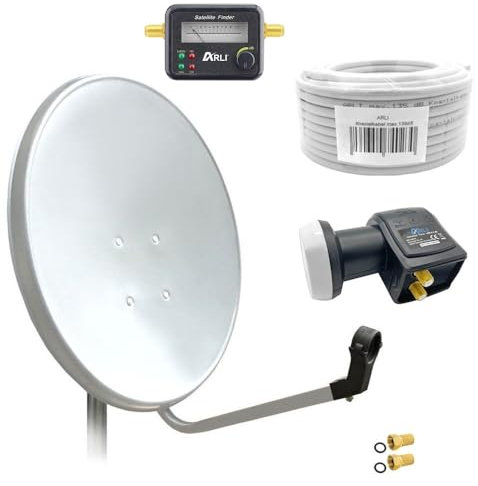 60cm HD Sat Anlage Twin LNB + 10m Koaxialkabel 135dB + Satfinder + 2 F-Stecker Digital 2 Teilnehmer Antenne Weiss UHD 4K