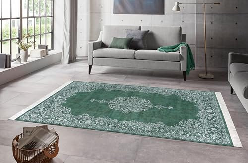 Nouristan Naveh Orient Teppich – Wohnzimmerteppich Orientalisch Kurzflor mit Fransen Vintage Orientalischer Samt-Teppich für Esszimmer, Wohnzimmer, Schlafzimmer – Grün, 95x140cm