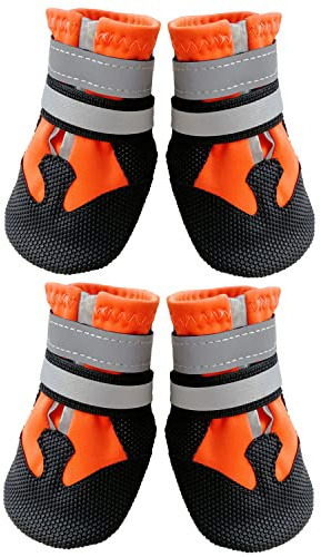 AMOMYDOG Scarpe per Cani, Set di 4 Stivali per Cani Impermeabile, Scarpe Cane con Cinturini Riflettenti e Suola Antiscivolo per Protezione le Zampe per Cani (M, Arancione)