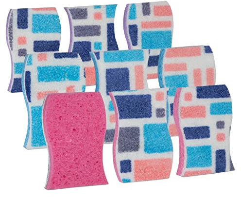 Smart Design Non-Scratch Cellulose Smart Scrub Sponge - Set of 9 - Ultra Absorbent - Ergonomic Shape - Cleaning, Dishes, & Hard Stains - Cool Geometric Pattern - Blue, Pink, Purple