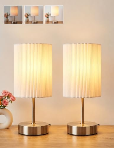 Bedside Lamps, Touch Lamp with 3D Pleated Fabric Shade, Silver Base, 2Pack | HSLighting Touch Table Lamp for Bedroom, 3-Way Dim, 2700K Warm Light, Metal Base, Incl. Bulb for Bedside Table Living Room