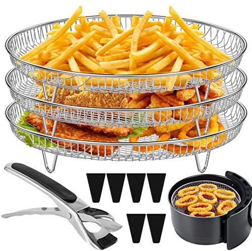 Air Fryer Rack Round for Ninja 3 Layer Air Fryer Accessories Stacking Bacon Racks with 4 Heightening Feet 1 Clip Stainless Steel Dehydrator Rack Basket Tray for Baking Roasting Air Fryer Oven (Round)