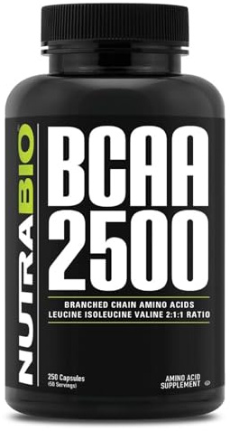 NutraBio – BCAA 2500 – Branched Chain Amino Acids – Support New Muscle Growth and Prevent Muscle Breakdown – 250 Capsules