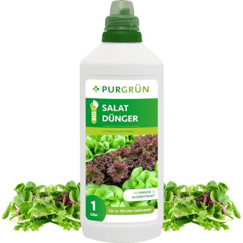 Purgrün® Bio-Salat-Dünger 1 Liter – Organische Rezeptur – Premium-Flüssigdünger – NPK 4+1+7 – Mit Algenextrakt & Vinasse – Extra Kalium für stetiges, gesundes Wachstum