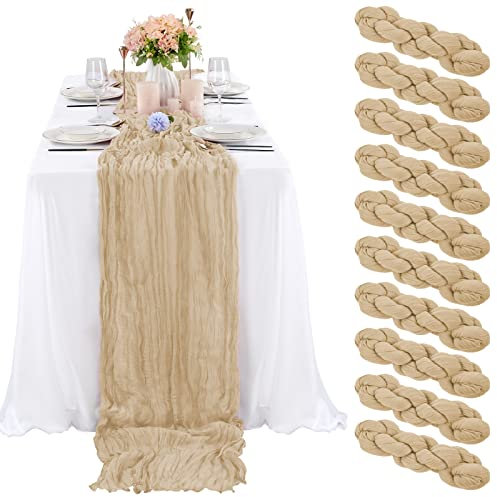 Lot de 10 chemins de Table en étamine Beige 3 m, Chemin de Table en Gaze pour réception de Mariage, fête prénuptiale, fête d'anniversaire, Chemin de Mariage Rustique et Romantique