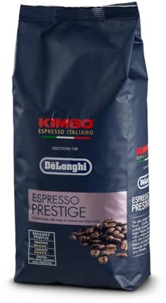 DeLonghi Kimbo Café en Grano Natural 1kg Espresso Prestige para Moler y para Cafetera Superautomática - Café de Tueste Medio Alto 65% Arábica y 35% Robusta - Intensidad 5/6, Aroma 4/6 y Sabor Suave