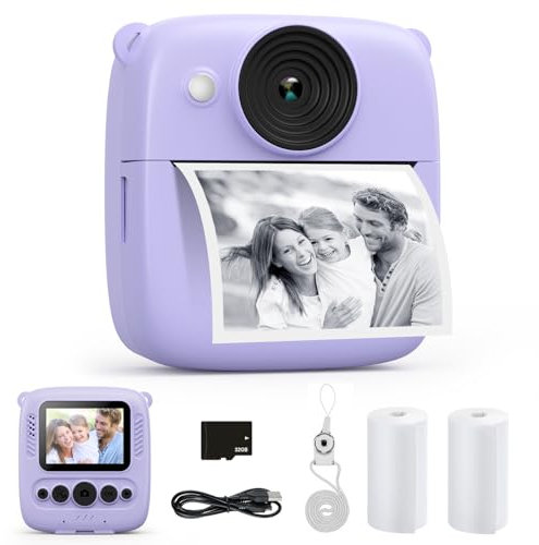 CalineGam Kids Camera Instant Print, 48MP & 2.0 Instant Camera for Kids with 32GB Card & Photo Paper, Christmas Birthday Gifts for Age 3-12 Girls Boys (Purple)