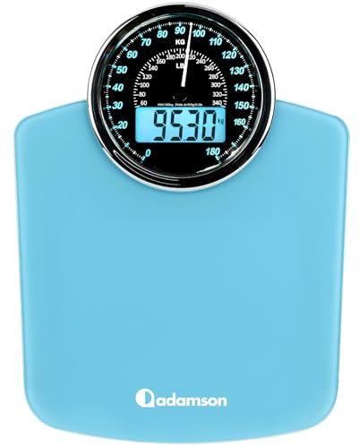Adamson Hybrid + 2-in-1 Digitale & Analoge Körperwaage bis 180 kg + Dickes Hartglas + Extra Große Anzeige + Einfach Ablesbare Digitale Personenwaage+ NEU + Hellblau