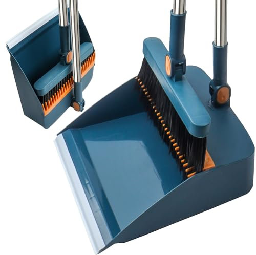 BEILUBANG Long Dustpan and Brush Set, Windproof Vertical Extension Pole Handle Swivel Broom Set Dustpan Set for Cleaning Indoors and Outdoors (Blue)