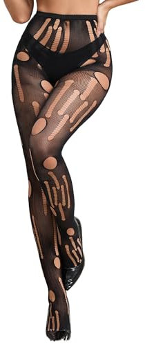 ohyeahlady Taglie Forti Collant a Rete Donna Strappato Fantasia Calze da Pesca Vita Alta in Pizzo Tihgts Incrociate Elastiche Fishnet Stockings Mesh Calzini Lingerie Intimo Curvy (Nero,L-XXL)