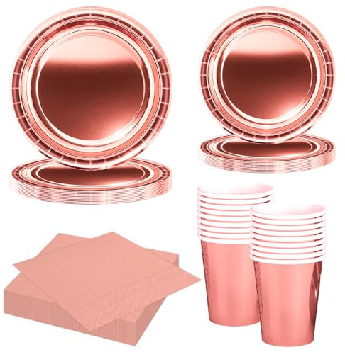 MORAINJAY Ensemble de Vaisselle de Fête Or Rose 68 Pièces, Assiettes en Papier, Tasses, Serviettes, Vaisselle pour Anniversaire, Mariage, Baby Shower, Diplôme, Anniversaire, Fête de Vacances