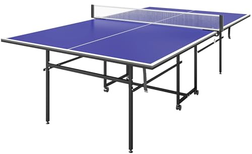 SPORTNOW 9FT Folding Table Tennis Table, Portable Full-Size Ping Pong Table with 4 Wheels, 2 Bats, 3 Balls, Quick Set-Up Indoor Game Table, Blue