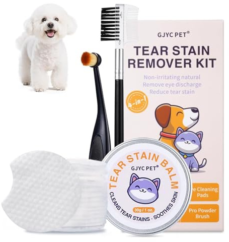 Tear Stain Remover Kit for Dogs & Cats – Includes Tear Stain Balm, Comb, Powder Brush, and 20 Cotton Pads – Gently Cleanses, Reduces Redness, Prevents Future Stains, and Protects Pet Eyes