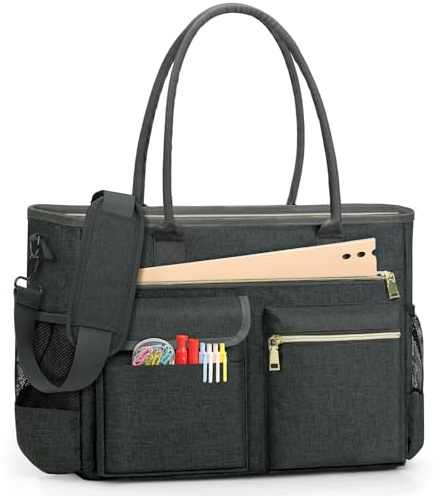 RAINSMORE Laptop Tote Bags for Women 15.6 inch Teacher Bag Large Nurse Utility Bag Computer Messenger Briefcase with Insulated Pocket for Work School Office Business University Dark Grey