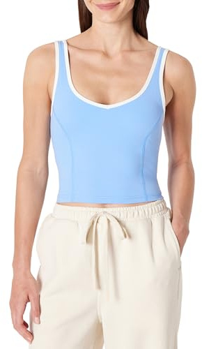 Amazon Essentials Women's Active FormFlex Buttery Soft Light Support Crop Tank with Bra and Contrast Trim, Light Blue/White, X-Small