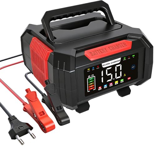 15A Carica Batteria per Auto,12V/24V Mantenitore Caricabatterie Intelligente Portatile per Auto/Moto con Schermo LCD,Protezioni Multiple,per Moto, Auto, Batteria AGM, Barche
