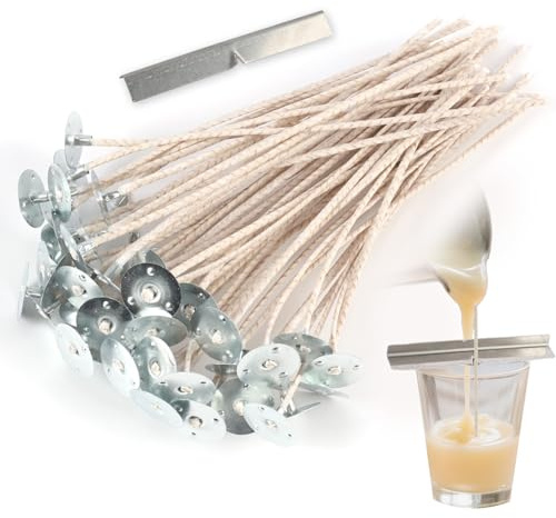 1 Soporte para Mecha & 50 Mechas para Velas, Algodón Orgánico Natural, Preenceradas con Cera de Soja – Duraderas, Inodoras, Combustión Limpia