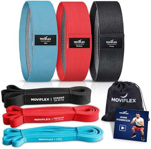 Moviflex Kit Élastiques Musculation, Fitness, Sport – 3 Latex + 3 Tissu