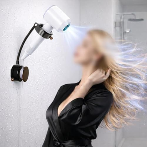 Soporte para secador de pelo sin taladro con ventosa resistente, brazo giratorio ajustable para un posicionamiento flexible en el baño o área de tocador (nogal)