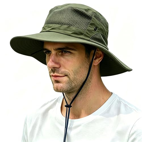 Solhatt Herr Dam Vattentät Fiskehatt med UPF 50+ UV-Skydd, Vikbar Bucket Hat med Andningsbart Nät, Snabbtorkande Safarihatt med Brett Brätte och Hakband