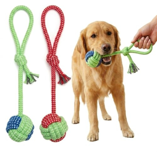 Genérico Pack de 2 Juguetes de Cuerda para Perros, Algodón 100%, Pelota de Nudos Resistente, 38 cm, Verde y Rojo, Lavable, Interactivo para Adiestramiento y Limpieza Dental