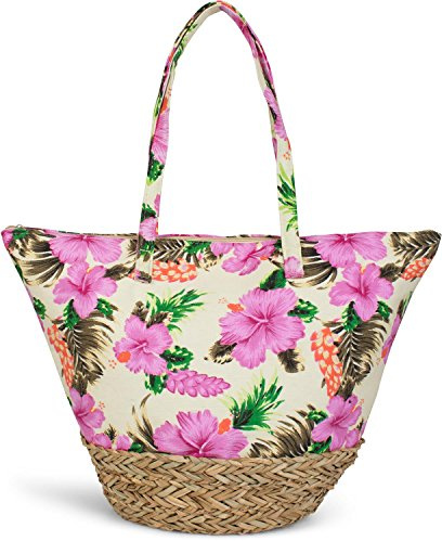styleBREAKER Große Strandtasche mit Hibiskus Blumen Print | Damen Shopper mit Bastboden und Reißverschluss | Bunte Badetasche mit Tropenflair | 46 x 36 x 16 cm, Farbe:Gelb