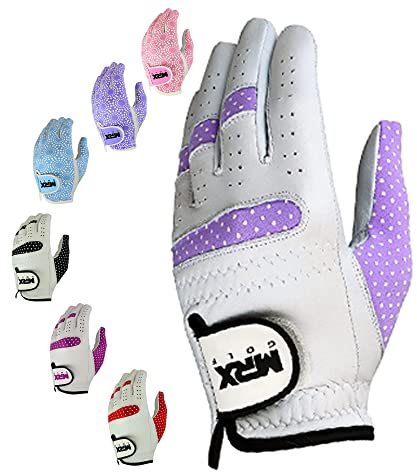 MRX Women Golf Glove Left Handed Golf Gloves Sweat Resistant Soft Cabretta Leather Regular Fit Women Golfer Glove White Purple