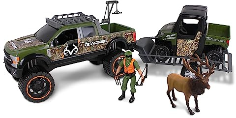 NKOK Realtree 1/18 Scale Free-Wheel Playsets 10-PC Set, RT Ford F-250 Super Duty w/ Polaris Ranger on Trailer & Accessories (Roof Rack, Hunter, Helmet, Game Hoist, Roll Bar, Elk, Bow&Arrows)