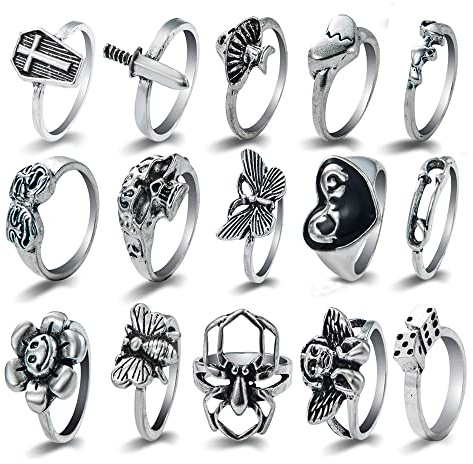 TOFBS Vintage punk ringar för män kvinnor gotiska stapelbara ringar knuckle finger ringar tjock bohemisk ring Y2K fjäril orm skalle hjärta blommor ring set, Metall, Ingen ädelsten
