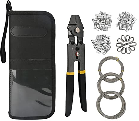 CENYB Pinza crimpatrice per cavi metallici rivestita in teflon, con 150 manicotti di crimpatura in alluminio in 3 misure (M1.2/M1.5/M2.0), 20 occhielli e 3 tipi di cavi da 10 metri ciascuno