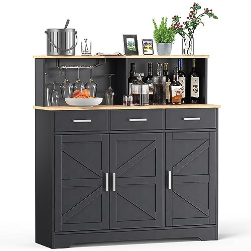 yacchi home Buffet Schrank mit Lagerung, 120cm große Double-Layer Sideboard Schrank, Küchenschrank mit 3 Schubladen und beweglichen Laminat, langlebige Holz Kaffee Bar Schrank (Black)