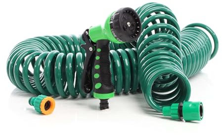 Wiltec Gartenschlauch 15m mit 7 Sprühfunktionen, Spiralschlauch, flexibel Bewässerungsschlauch für Haus und Garten