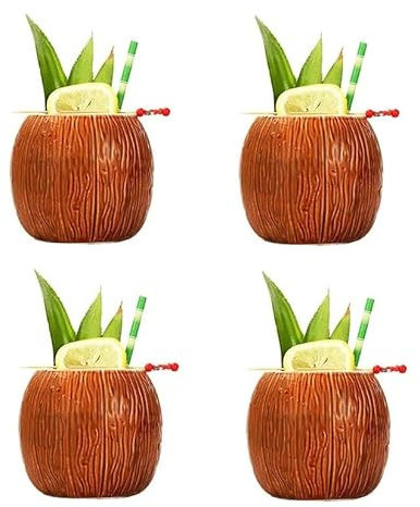 Set de 4 Tiki Mug Coco Verre à Cocktails TIKIS Lot de Tasses en Céramique Goblet Inspiration Imitation Noix de coco Coconut Boissons Exotiques et Tropicales hawaïenne cocktail