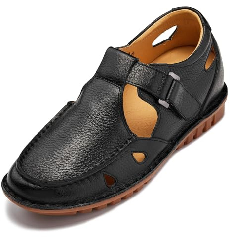 CALTO Men's Invisible Height Increasing Elevator Shoes - Black Premium Leather Lightweight Casual Fisherman Sandals - 2.8 Inches Taller - K0751 - Size 9 D(M) US