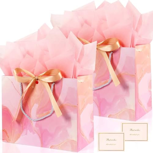 2 Stück Geschenktüten Mittel, Rosa Geschenktüten Set mit Seidenpapier und Grußkarte, Papiertüten mit Henkel, Geschenktaschen für Geburtstag, Party, Hochzeit, Feier, 25 x 12 x 20 cm