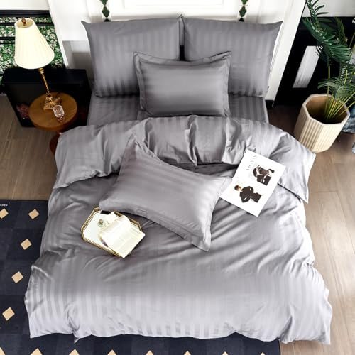 Amolavet Juego de ropa de cama de hotel 135 x 200 cm, algodón gris, 2 piezas, 135 x 200 cm, satén mako, diseño de rayas, color gris con cremallera, para todo el año