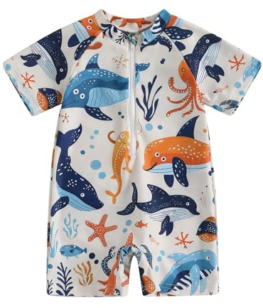 Nicoxijia Toddler Baby Boy Shark Swimsuit Sun Protection Short Sleeve Bathing Suit Summer One Piece Zip Up Rash Guard Swimwear (Khaki, 12-18 Months)