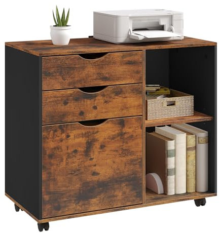 WOLTU Rollcontainer, mobiler Aktenschrank mit 5 Rollen, mit 3 Schubladen, mit verstellbarem Hängeregistratur & Einlegeboden, für Büro Zuhause, 80x69,5x39,5 cm, Rustikales Braun