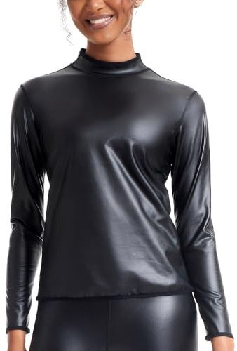 AUSing långärmade toppar, läder, damer, metallisk långärmad skjorta, stretch, topp, hippa, danstopp, karneval, festivalkostym, XS-3XL, Svart med halvkrage, L