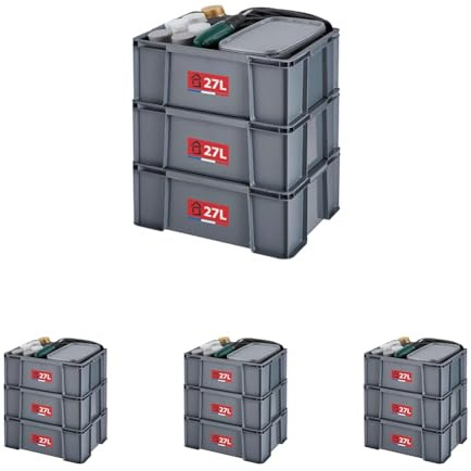 Sundis Master Box, lot de 12 bacs de rangement 27L en plastique recyclé, robustes et renforcés, parois droites, superposables et combinables, idéals pour l’atelier, le bricolage ou le transport