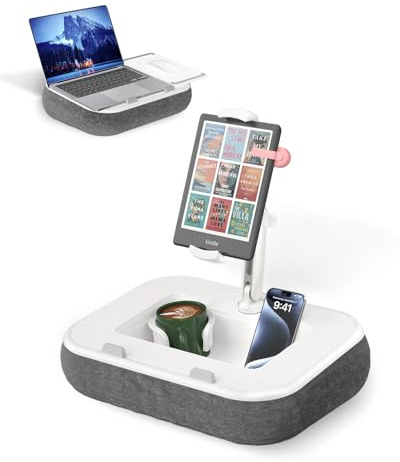 Viozon Tablet Pillow Stand, Kindle Holder & Lap Desk, Compatible with 4.7~13 Tablets/Phones & 10~15 Laptops, Silicone Cup Holder, Snack Bowl, Magnetic Mouse Pad & Detachable Quick-Release Arm, Grey